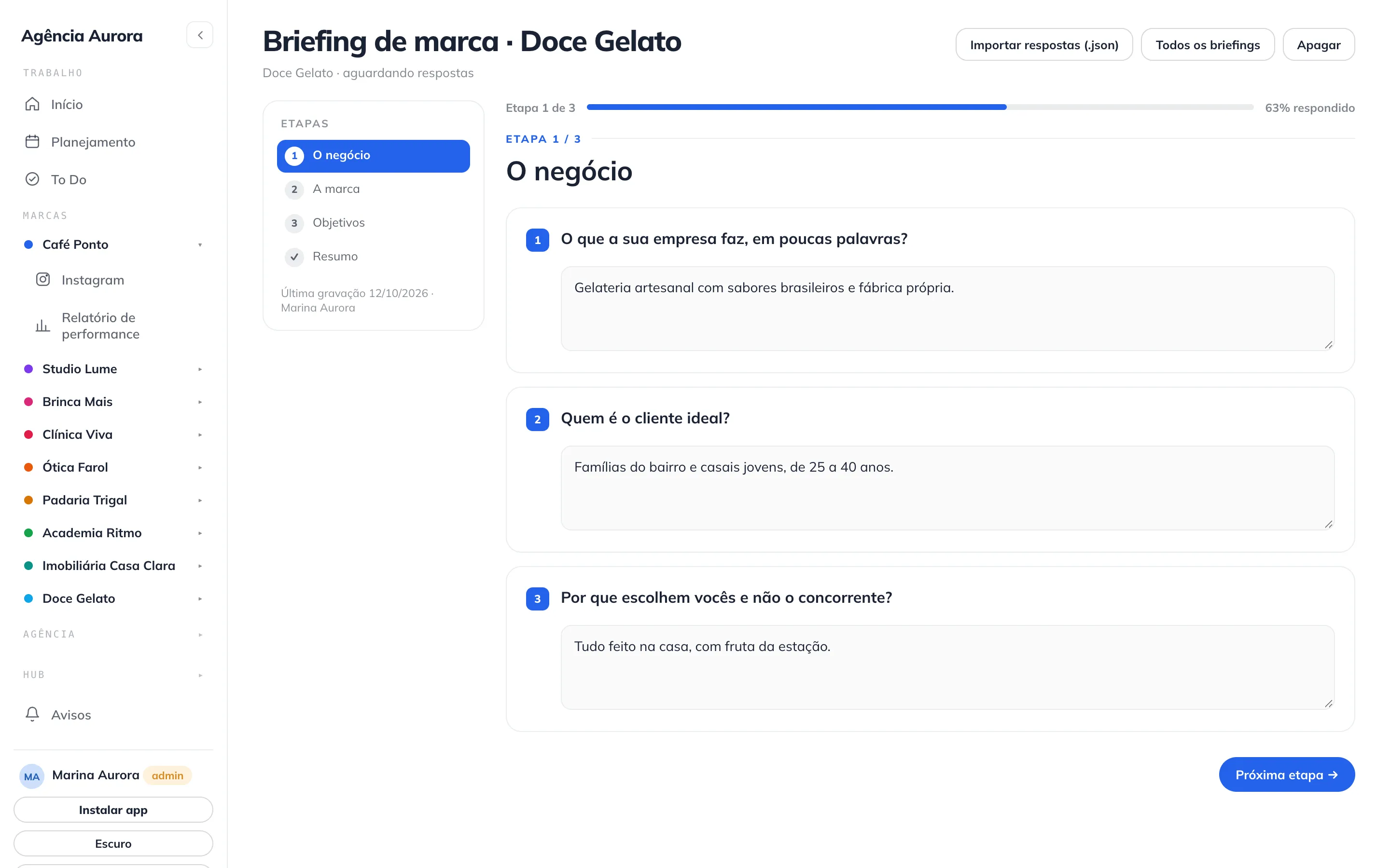 Briefing guiado respondido pelo cliente
