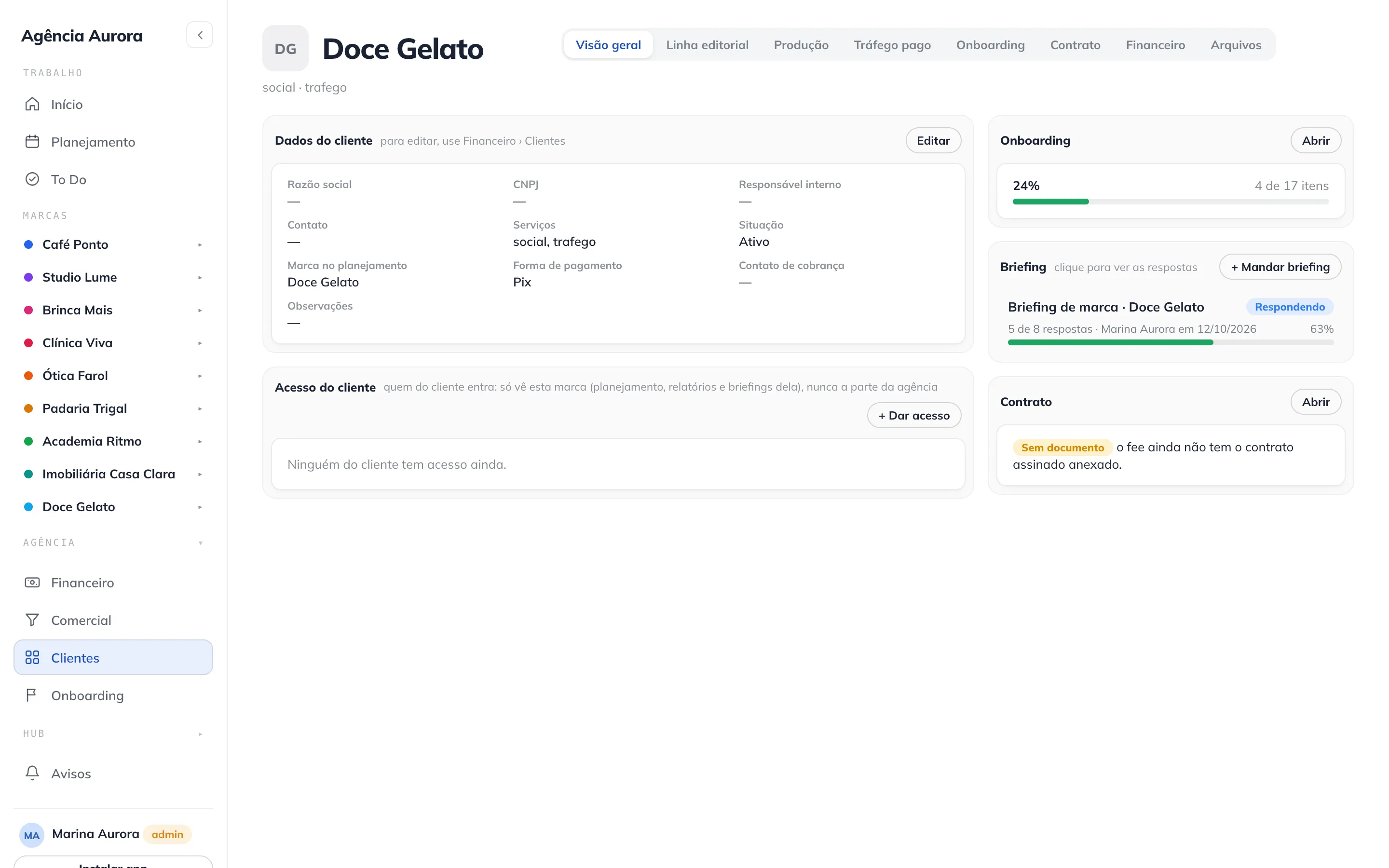 Ficha do cliente com checklist de onboarding